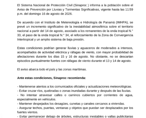 Aviso de prevención lluvias y tormentas significativas 13 de agosto