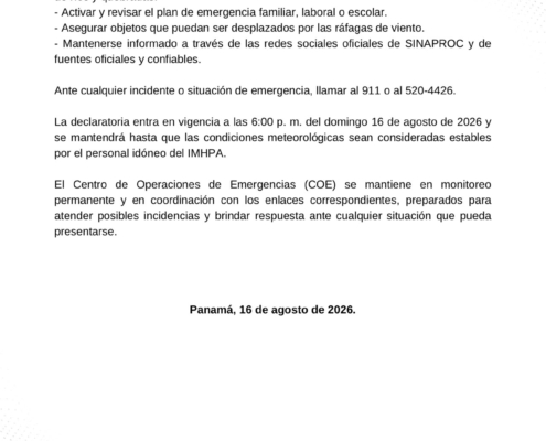 Sinaproc declara Alerta Verde por lluvias en Bocas del Toro, Comarca Ngäbe-Buglé y región Naso Tjër Di